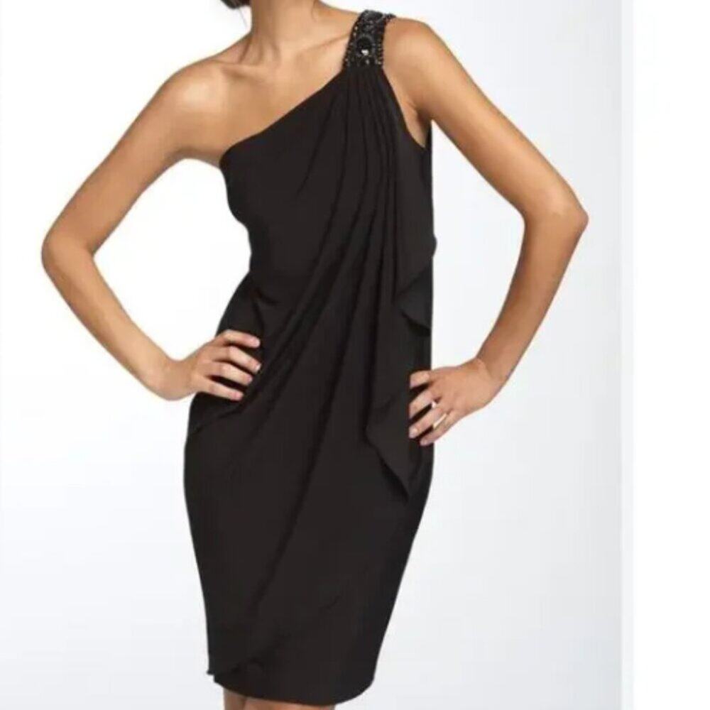Maggy London Black One Shoulder Cocktail Drape Dress Size 6